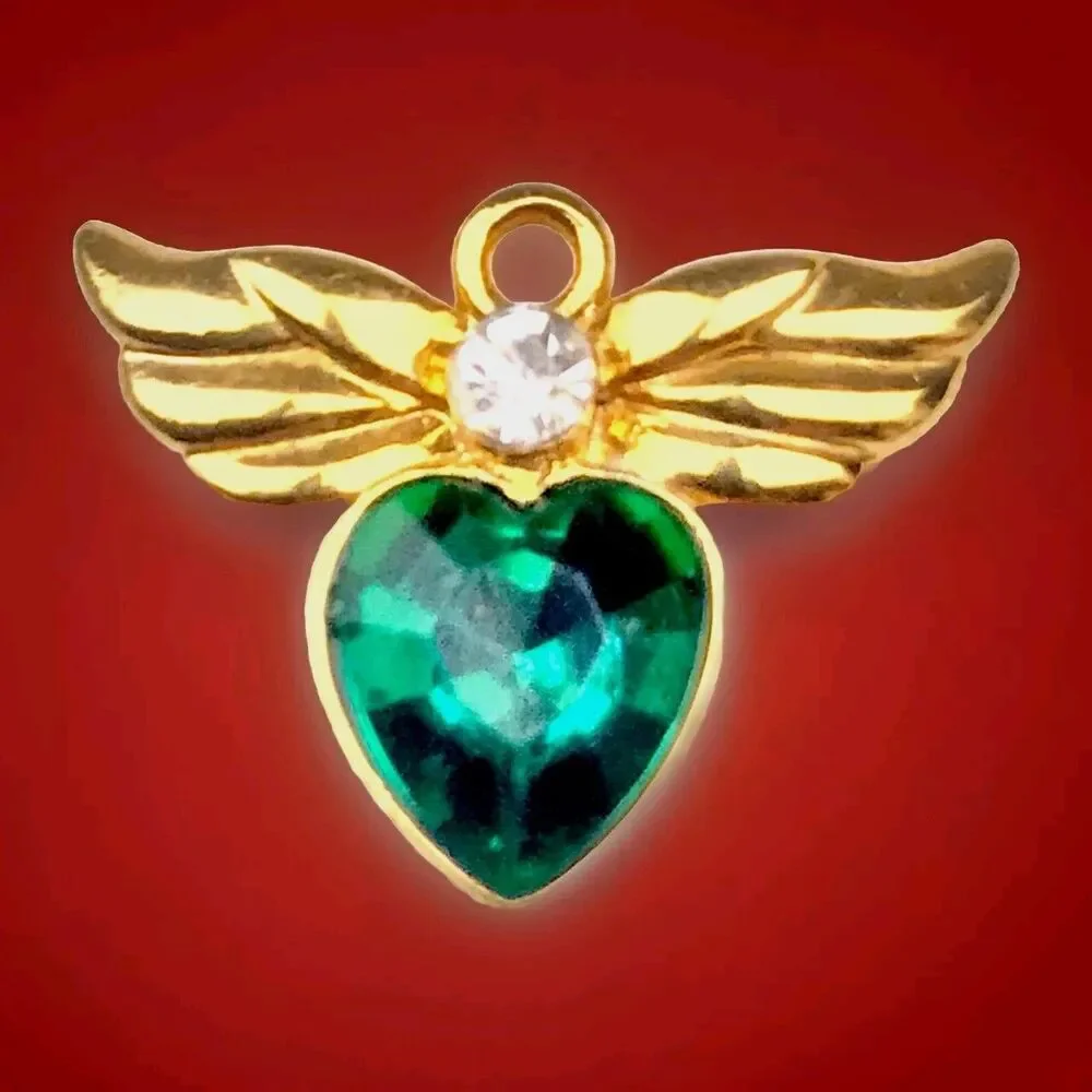 AVON Brooch Pin Small Gold Tone Jeweled Angel Wings Heart Vintage Ethereal